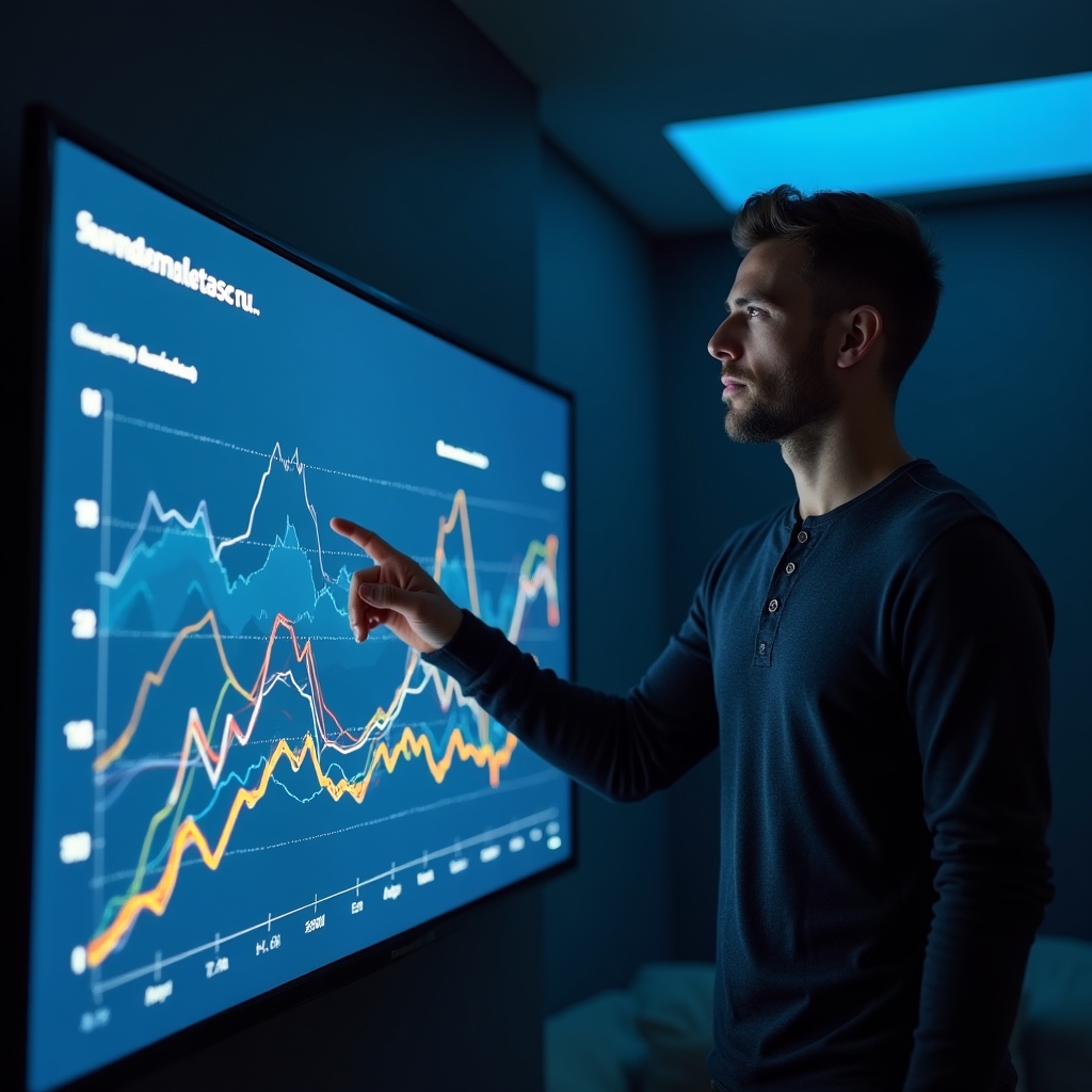 Analyst reviewing a ranking volatility chart on a large screen, pointing at specific data points in a dimly lit modern office
