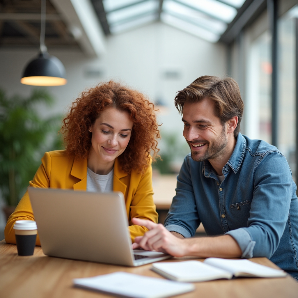 Two marketing professionals reviewing SEO content strategy on laptops in a bright coworking space